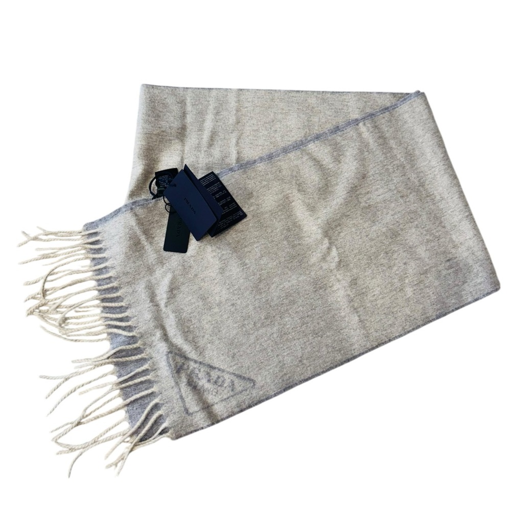 PRADA***100% Cashmere Nude and Gray and Reversible Scarf w/ Fringe***$1820 - Picture 2 of 9